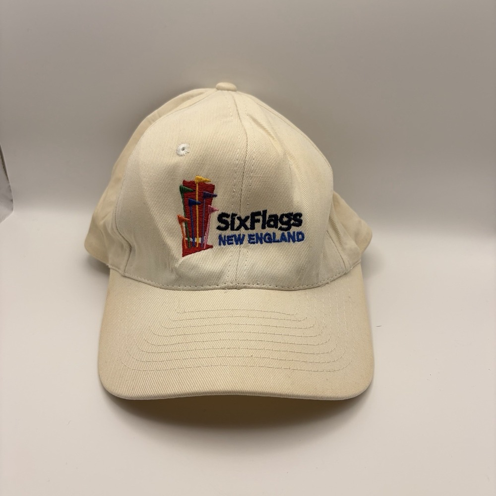 Six Flags New England Zkapz Adjustable Strapback Hat Cream Embroidered Logo